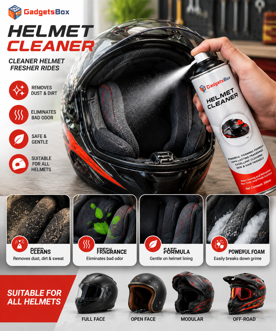 Helmet Cleaner Spray – Deep Clean & Fresh Ride 🏍️