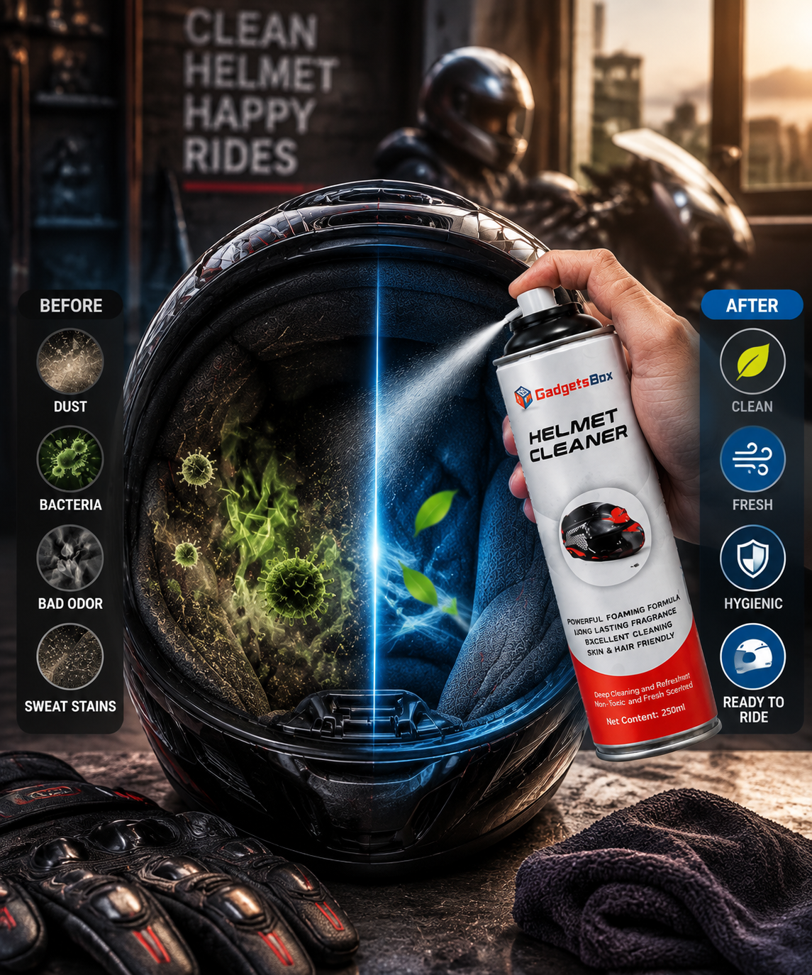 Helmet Cleaner Spray – Deep Clean & Fresh Ride 🏍️
