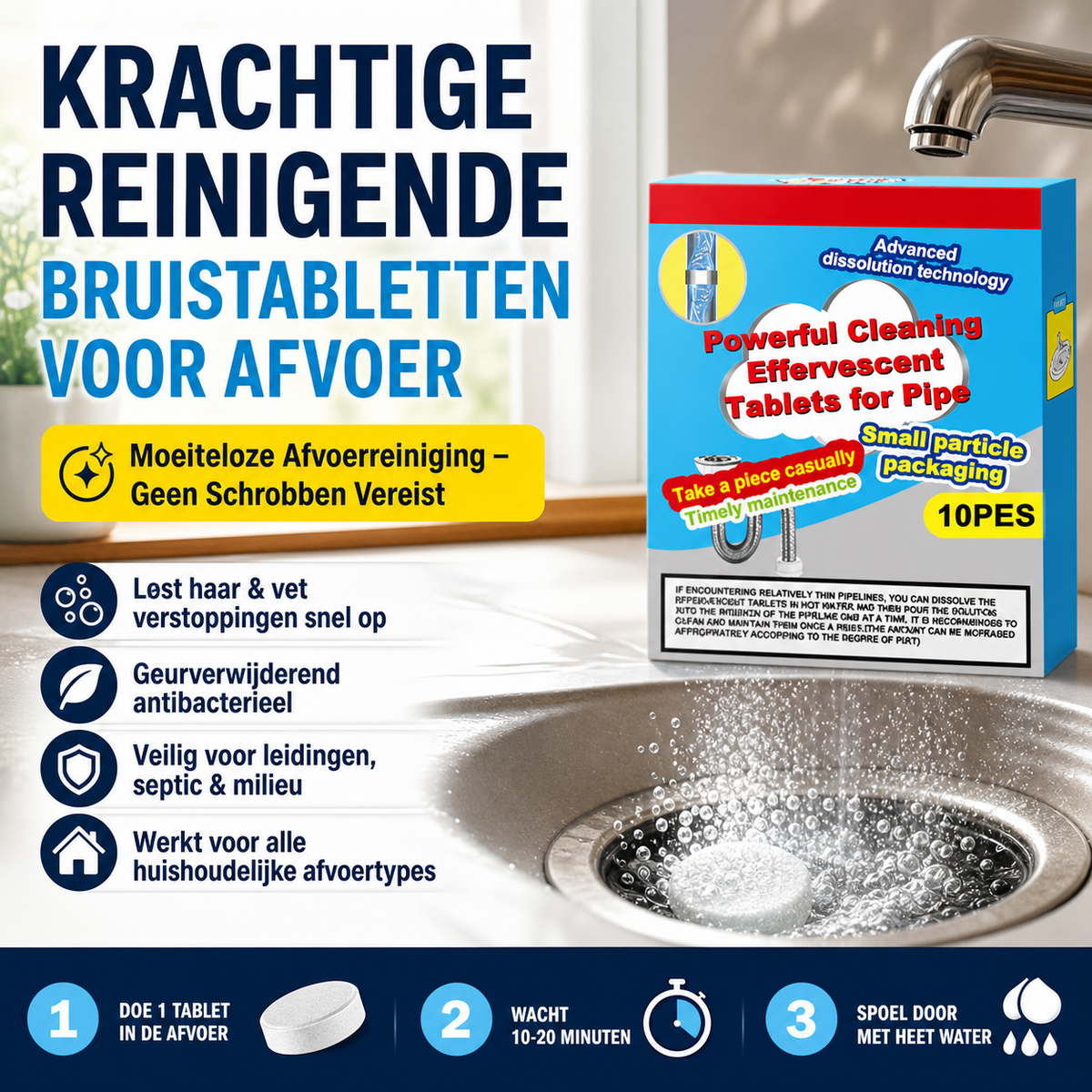 🔥50% OFF ❤️Powerful Cleaning Effervescent Tablets for Pipe, Fast Dissolve Hair Grease Clogs, Deodorizing Antibacterial Pipe Cleaner for Sink Toilet Floor Drain